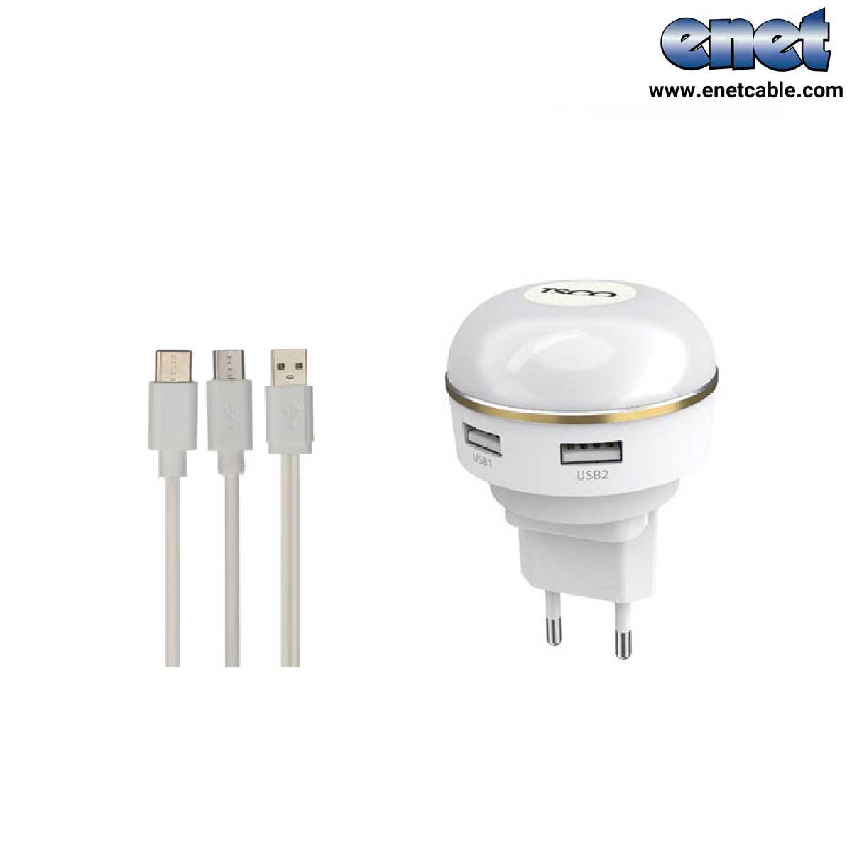 آداپتور شارژر+کابل میکرو و type-c دو خروجی تسکو مدل TTC-63
