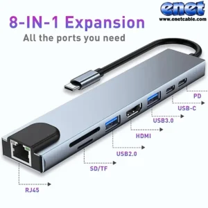 تبدیل ۸in1 تایپ سی به ۲USB-C /LAN /HDMI/ TF/SD/2USB3.0